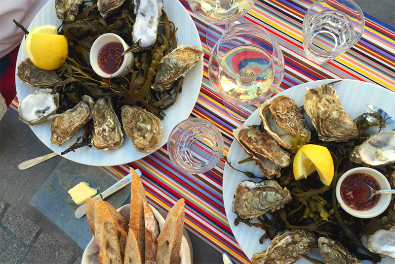 Oysters and wine in a French bistro.